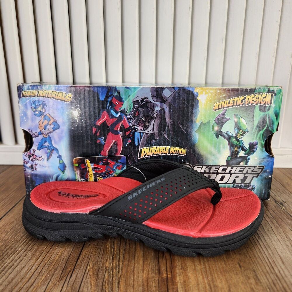Skechers Sport Supreme Pool Days Flip Flops Boys Size 12 Black Red Beach Sandals